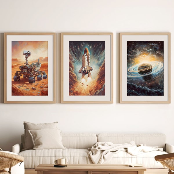 Space Exploration Prints (Set of 3) | Mars Rover | Space Shuttle | Saturn | Space Wall Art Decor | Retro Space Posters | Boys Room Wall Art