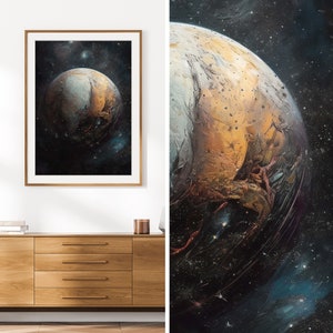 May include: A framed art print featuring a celestial body in a dark, starry space. The planet has a textured surface with shades of white, brown, and orange. The artwork is displayed above a wooden cabinet with drawers.