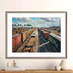 Freight Train Rail Yard Print | Colorful Acrylic Train Art Poster | Freight Cars in the Rail Yard | Instant Digital Download