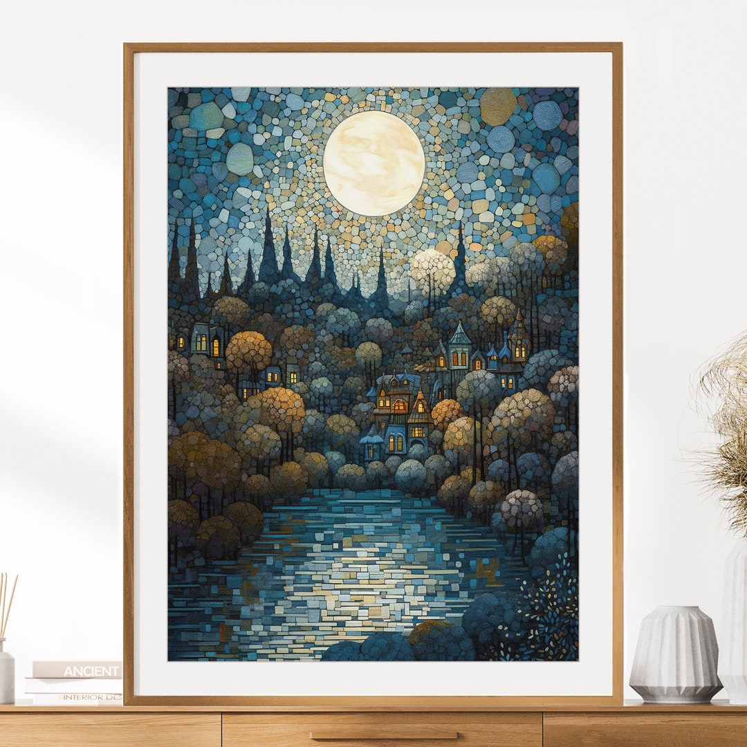 Full Moon on the Lake Print | Fantasy Wall Art | Magical Forest Print ...