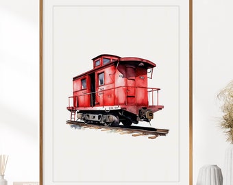 Caboose Train Car Print (Red) | Train Poster | Railroad Print | Caboose Wall Art | Boys Room Wall Decor | Instant Digital Download