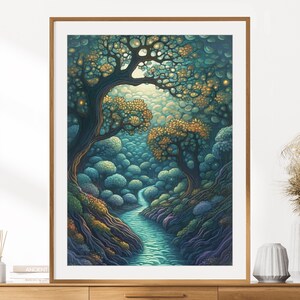Moonlit Forest River Print | Fantasy Wall Art | Magical Forest Print | Enchanted Forest Wall Decor | Instant Digital Download