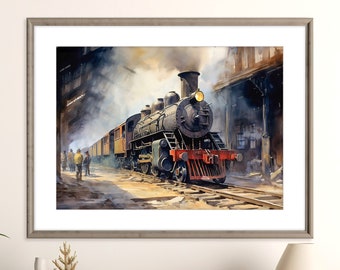 Vintage Steam Train Print | Train Station Scene | Train Poster | Vintage Train Art | Printable Wall Art Decor | Instant Digital Download