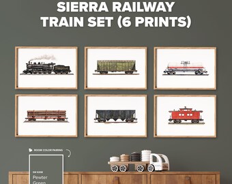 May include: A set of six framed art prints titled SIERRA RAILWAY TRAIN SET (6 PRINTS). The prints feature illustrations of a black steam locomotive, a green hopper car, a white tanker, a log carrier, a black coal car, and a red caboose.