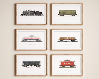 Freight Train Prints (Set of 6) | Printable Railroad Art | Train Set | Steam Locomotive, Freight Cars & Caboose | Boy Room Wall Decor