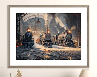 Steam Trains at Strasburg Railroad Print | Vintage Steam Train Print | Acrylic Railfan Wall Art | Steam Locomotives in the Roundhouse