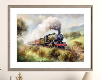 Flying Scotsman British Railway Train Print / Cartel del tren de vapor / Decoración de arte de pared imprimible / Arte del tren vintage / Descarga digital instantánea