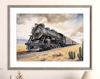 Impressão do trem a vapor do vintage de <br> Entrega Rápida? Paisagem do deserto | Trem a vapor pôster | arte de parede de ferrovia | Arte de trem em aquarela | Download Digital Instantâneo