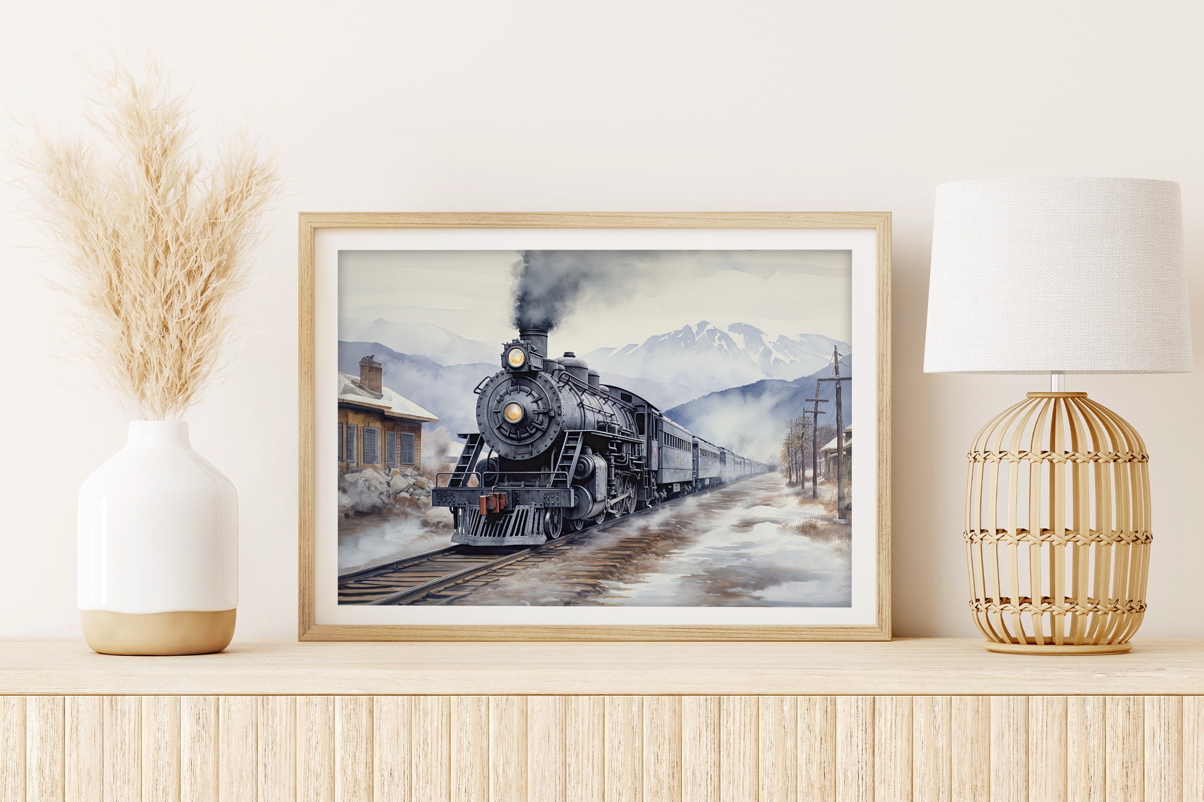 Vintage Steam Train Print Winter Train at the Lodge Railroad Art Canvas ...