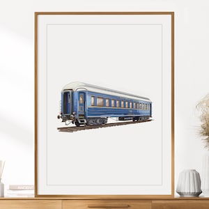 Op de afbeelding: Een blauwe en witte passagierswaggon met de tekst "PALACE CAR" aan de zijkant.