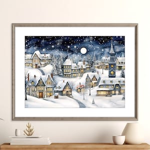 Noite silenciosa impressão | Vila do Natal Pôster | Decoração de arte de parede de férias | País das Maravilhas do Inverno | Feliz Natal | Download digital