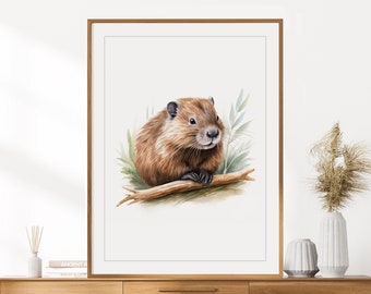 Beaver Print | Animal Portrait | Beaver Wall Art | Nursery Decor | Kids Room Wall Art | Colored Pencil Drawing | Woodland Forest Animals