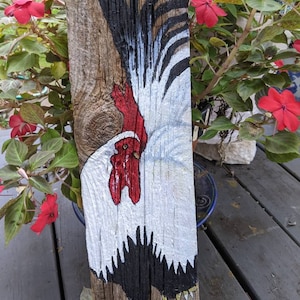 Barn wood rooster painted on reclaimed wood. 24 by 8 by 2 inches. Ships free in continental U S only.