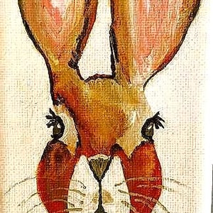 May include: A vertical painting of a rabbit with large ears. The rabbit is painted in shades of brown, orange, and red, with a white face and whiskers. The background is a light beige.