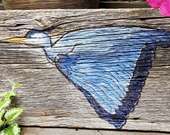 Great Blue Heron hand painted  on repurposed barn wood with acrylic paint. 22x9x2 inches. Ships free in continental U S only.
