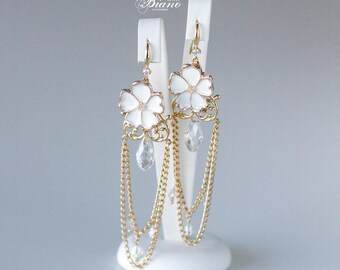Gold Bohemian Earrings, Wedding Earrings, Bridal Earrings, Crystal Chain Earrings, Flower Earrings, Wedding Jewelry, Chandelier Earrings-LEE