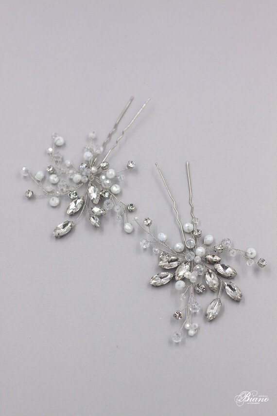 Crystal Hair Pins Bridal Silver Hair Pins Set Of 2 Hair Etsy