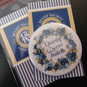 Relief Society, 2.25" pocket mirror, Charity never Faileth, birthday, welcome, friendship, LDS gifts, with card and cello bag
