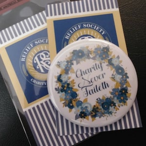 Relief Society, 2.25&quot; pocket mirror, Charity never Faileth, birthday, welcome, friendship, LDS gifts, with card and cello bag