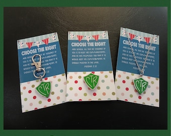 CTR, Choose the Right, high quality, traditional green enamel over silver, necklace, tie tack, or zipper pull, LDS baptism, Primary bday