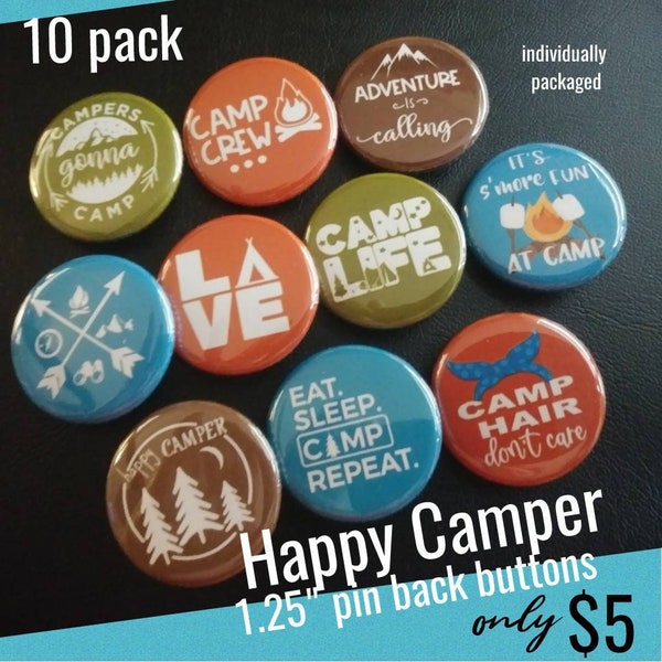 Happy Camper, ensemble de 10 pièces, épingles de camp, bouton arrière de 1,25 po, cadeau de campeur, souvenir de camp de filles, épingles à échanger de camp, vous choisissez vos motifs préférés