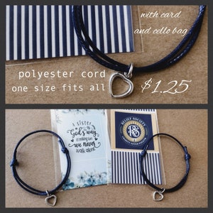 Sister bracelet, Relief society birthday gift, with card and cello bag, one size fits all, slide knot cord bracelet, polyester cord, charm