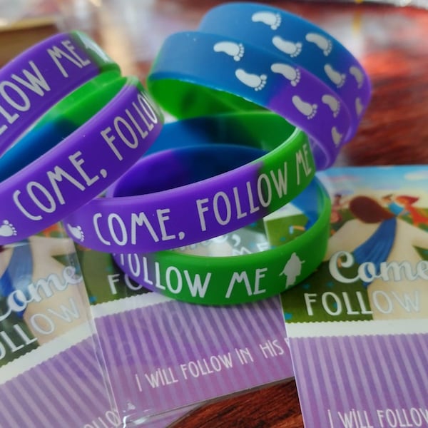 Come, follow Me, silicone bracelets, high quality, colorful green, blue, purple segments.  Comes in child or youth sized.