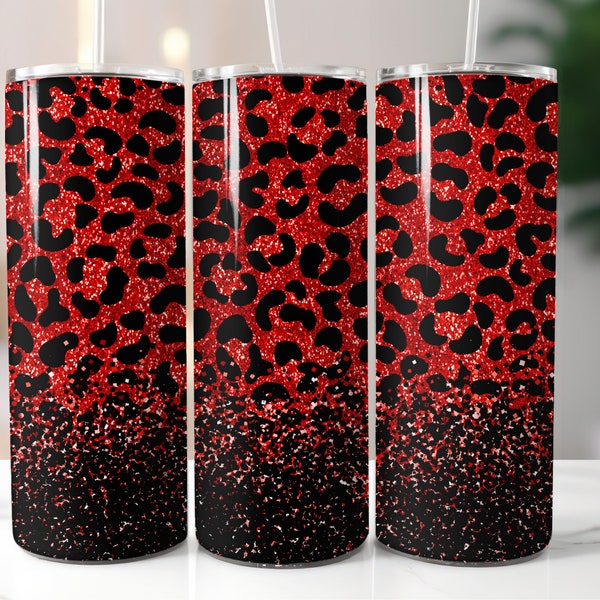 Leopard Print Tumbler Sublimation Transfer -Ready To Press-Red And Black Glitter Tumbler Designs--20 Ounce- 30 Ounce Tumbler  Design