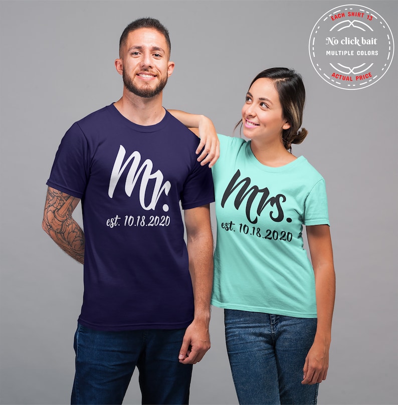 Many Colors Mr and Mrs Just Married Couples Personalized Hoodie Sweatshirt Set Bride and Groom Wedding Honeymoon Shirts