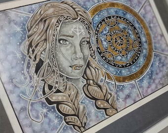 Framed A3 Gouache Art: Woman with Alchemy Symbol, Gold Leaf Accents, Cosmic Scene