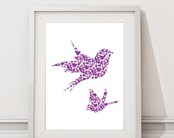 Pink Love Birds Geometric Poster / Wall Art / Modern Bird Print / A3 A2 **SALE**