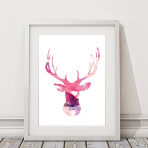 Pink Deer Head Digital Download Silhouette Watercolor Poster / Wall Art / Modern animal print / A4 A3 A2 image 1