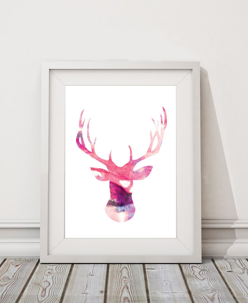 Pink Deer Head Digital Download Silhouette Watercolor Poster / Wall Art / Modern animal print / A4 A3 A2 image 1