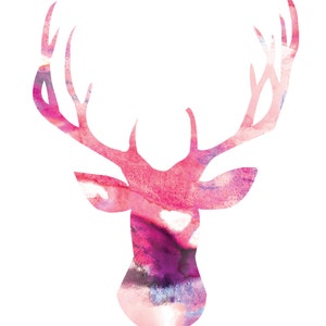Pink Deer Head Digital Download Silhouette Watercolor Poster / Wall Art / Modern animal print / A4 A3 A2 image 2