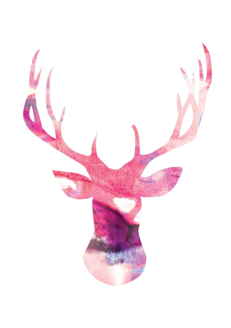 Pink Deer Head Digital Download Silhouette Watercolor Poster / Wall Art / Modern animal print / A4 A3 A2 image 2