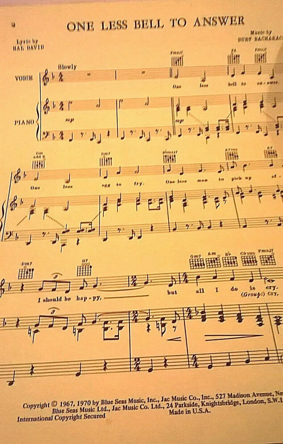 One Less Bell to Answer, Recorded by the Fifth Dimension. Vintage Sheet