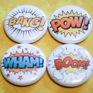 Comic Book Words Set of 4 - 1&quot; Pin Back Buttons or Magnets