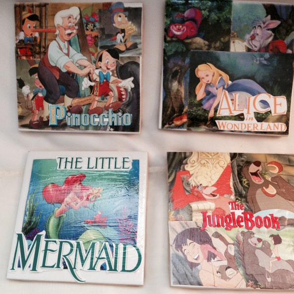 Set of 4 Disney Theme Decoupage Drink Coasters Little Mermaid, Alice in Wonderland, Pinocchio, and Jungle Book