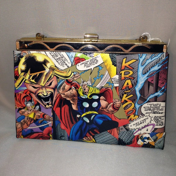 Marvel Avengers Thor Ladies Upcycled Vintage Clutch Comic Book Decoupage Purse