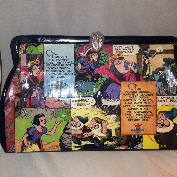 Upcycled Decoupage Vintage black clutch Disney Snow White Comic Book Design evening bag