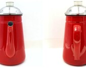 Vintage Farmhouse Reddish Orange Enamelware Coffee Pot Vintage Rustic Red Tea Pot Kettle Enamelware Pitcher 1940s Red Kitchen