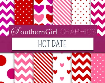 SALE! Love digital paper: "HOT DATE" valentines patterns with hot pink, red, magenta heart, dot, stripe modern digital patterns for crafts