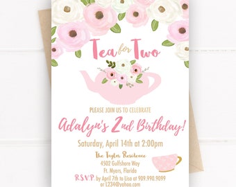 Tea Party Invitation Printable: "TEA TWO INVITATION" tea for two, floral tea party, second birthday, tea birthday party, invite download