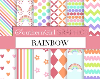 Soft Rainbow digital paper: "RAINBOW" with rainbows, hearts, stripes, dots, chevron, flower patterns for scrapbooking, cards, invites