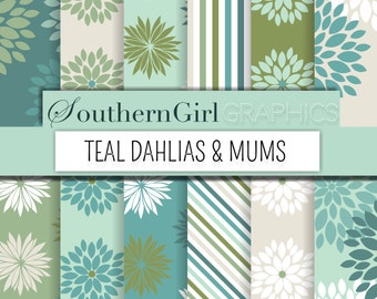 Dahlia & Mums Digital Paper: "TEAL DAHLIAS" with dahlia, daisy, mum, floral, striped, cool tone, blue, green, ivory digital patterns