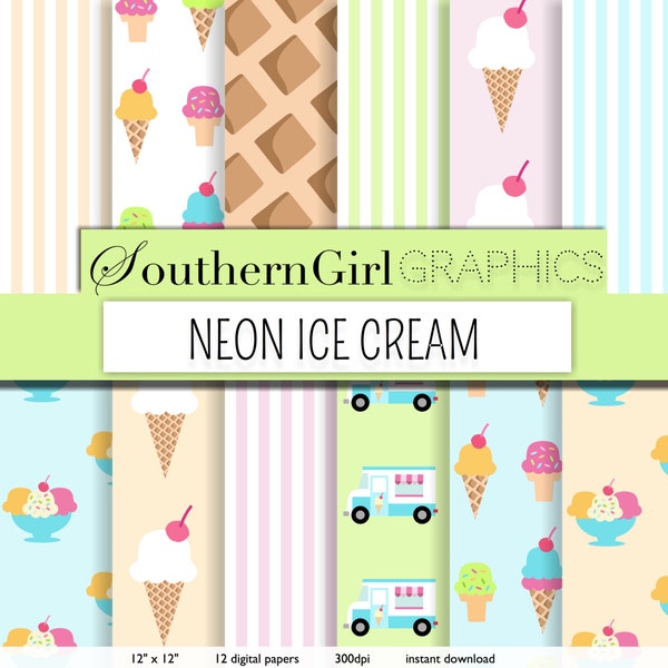 Ice Cream Digital Paper - "NEON ICE CREAM" with bright orange, blue, pink, green ice cream cone, ice cream truck, stripe summer patterns