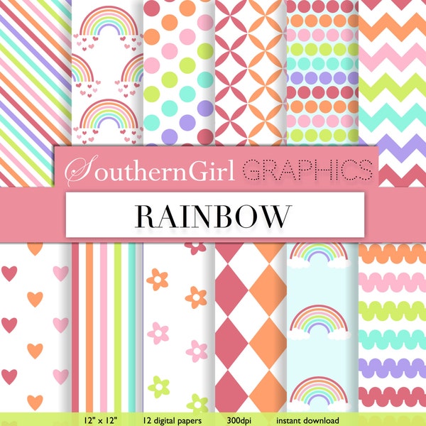 Soft Rainbow digital paper: "RAINBOW" with rainbows, hearts, stripes, dots, chevron, flower patterns for scrapbooking, cards, invites