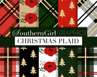 Christmas Plaid Digital Paper - "CHRISTMAS PLAID"  with red and green plaid, gold glitter, christmas tree, scrapbook, patterns for crafts