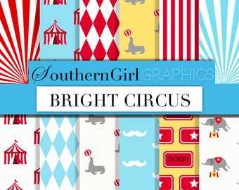 Bright circus digital paper: "BRIGHT CIRCUS" carnival patterns with elephants, seals, diamonds, circus tents, mustaches in blue, red, yellow