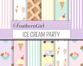 Ice Cream Party Digital Paper - &quot;ICE CREAM PARTY&quot; with pink, mint, yellow, purple, striped, pastel ice cream cone, truck digital patterns